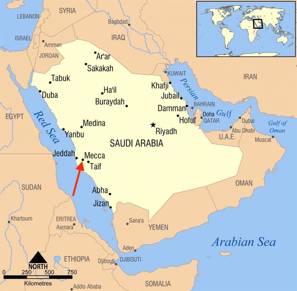 La Meca (Makkah) en el mapa de Arabia Saudí